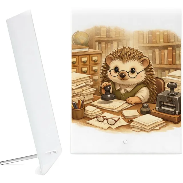 Mr Cadeautjes Glazen fotopaneel Een egel als bibliothecaris tussen hoge boekenkasten, met te - 15 x 20 cm, staand - glas, decoratie, wanddecoratie | cadeau Wit