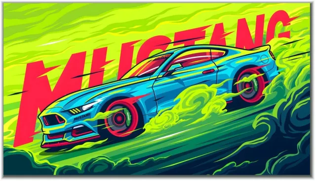 Postertje.nl Poster Ford Mustang – Blauw met neonaccenten – 60 × 33,75 cm Goud