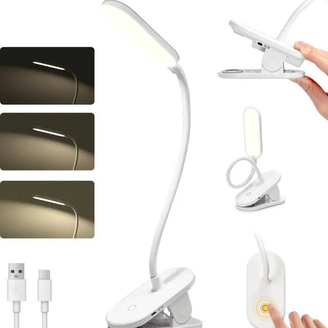 Aigostar LED Bureaulamp Klem - 3 Helderheidsmodi - USB Oplaadbaar - Dimbare Leeslamp - 4000K - Wit