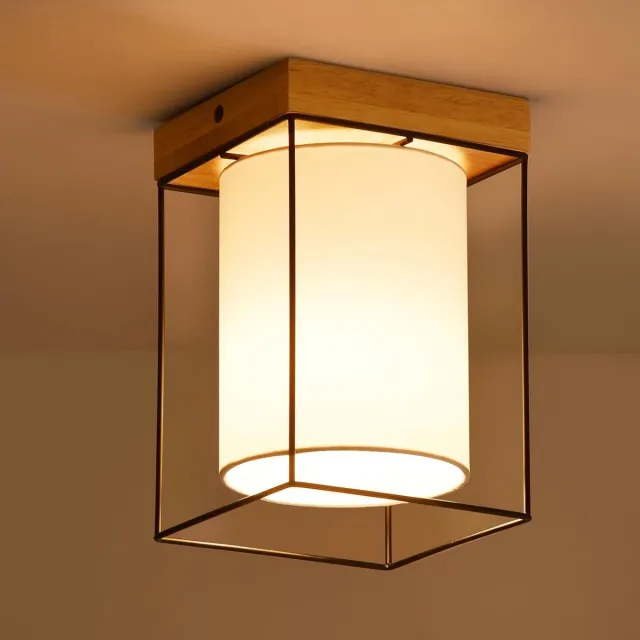 Glitzerlife Houten Plafondlamp met Stoffen Kap Plafondlamp - 1-lichts E14 Fitting - Vintage Industrieel Retro Stijl - Exclusief Lichtbron voor Hal Keuken Slaapkamer Kantoor Houtkleur