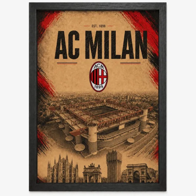 Joshimo AC Milan Poster | San Siro Stadion & Milaan | Inclusief Zwarte A4 Lijst | Voetbal Wanddecoratie