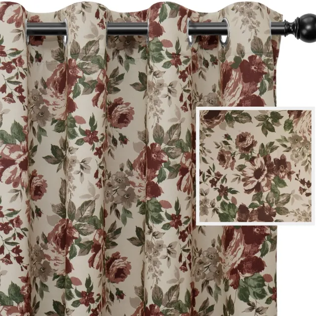 Unyqoos Set van 2 verduisterende gordijnen met bloemenpatroon en isolerende werking beige