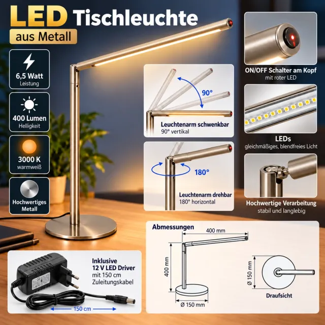 Trango 7489 LED Tafellamp *RECHT* RVS Optische Bureaulamp I Tafellamp I Leeslamp I Light Silence incl. 1x 6,5 Watt LED Module - 400 Lumen LED Lamp 3000K warm wit Nikkel mat