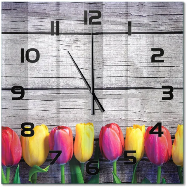 TULUP Wandklok - Tulpen op hout Klok Glas Met Opdruk - 60x60 cm - Veelkleurig Moderne Wandklok Glas - Zwarte handen - Vierkante Klok - Decoratieve Glazen Klok - Glazen Wandklok Design