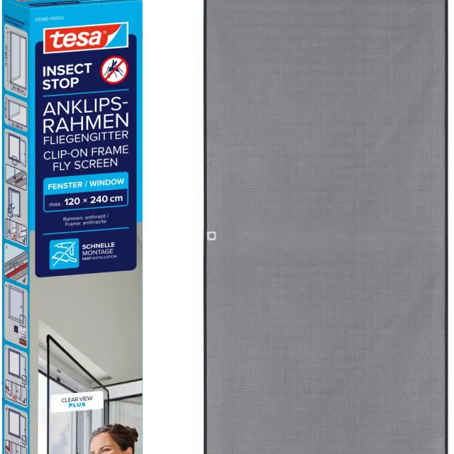 Tesa INSECT STOP Clip-on Frame Fly Screen for Windows - verstelbaar frame, glasvezelnet, zelfklevende clips, antraciet - 120 x 240 cm Antraciet, zwart