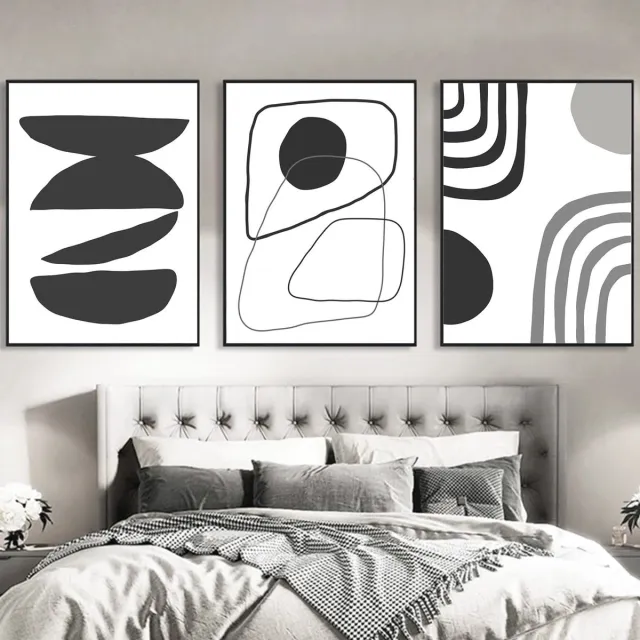 Ibenzoa Abstracte Boho Geometrische Kunstset: 3 Stijlvolle Posters voor Moderne Interieurs, Zwart-Wit Design, Zonder Lijst