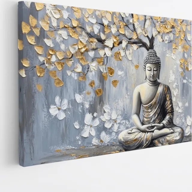 Saammp Canvas Schilderij - Boeddha met boom en goude bloemen - 45x30 - Foto op canvas - Wanddecoratie - Muurdecoratie Woonkamer - Canvas schilderijen Multicolor