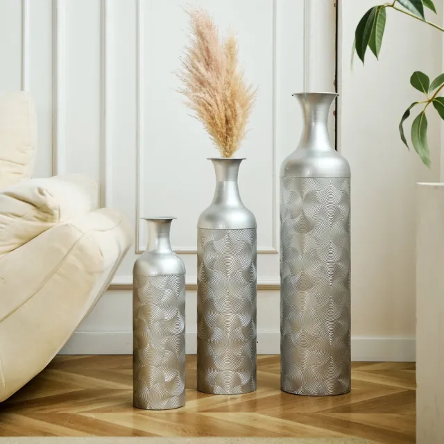 MODENUIT Vaas – 3-Delige Vloervazenset – 50/66/83 cm – Metaal – Zilver – Voor Binnen en Overpot