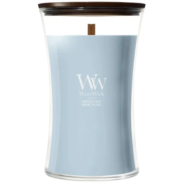 Woodwick Hourglass - Lakeside Mist - Large Geurkaars - 130 branduren Blauw