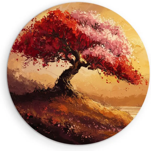 Saammp Forex Muurcirkel - Abstracte Boom met rode bladeren - Landschap - Natuur - Ø 90 - Wandcirkel - Wanddecoratie Cirkel - Muurdecoratie Woonkamer - Slaapkamer decoratie - Rond Schilderij
