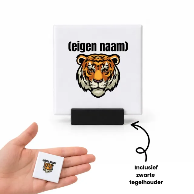 Hacebo tijgerkop met eigen naam tegeltje met tegelhouder - Tijger - dieren liefhebber - tegeltjes met tekst - iemand die houdt van tijgers - verjaardag - cadeau - kado - geschenk - spreuktegels - 4.8x4.8 CM Wit