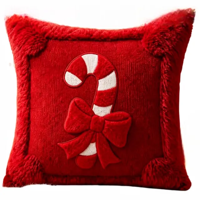rimmo Kerst Kussensloop 1 Stuk – Kerstmis Decoratieve Kussenhoes met Snoep & Lint, Zachte Kerstkussenhoes voor Bank, Bed en Huisdecoratie Rood