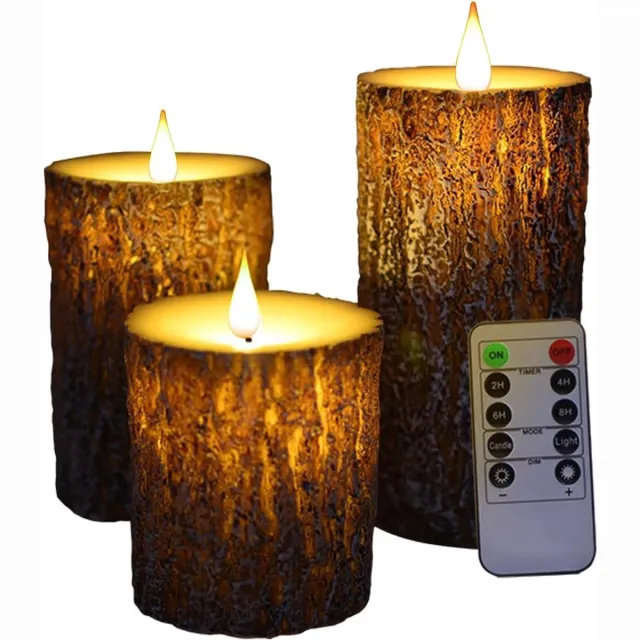 ANMI LED Kaarsen Zonder Vlam Set van 3 - Pijlerkaarsen met Dennenschors Look - Flikkerende Druppelvlam Met Bewegende Lont - Afstandsbediening met Timer Bruin