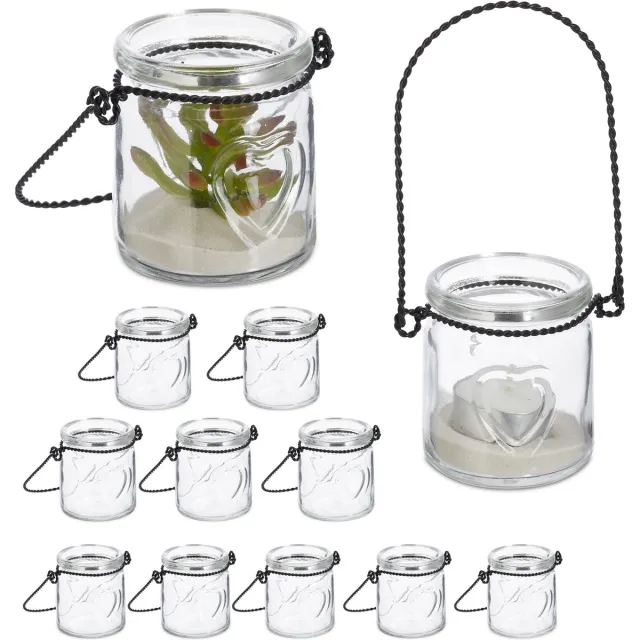 Relaxdays windlicht - set van 12 - glas - met hengsel - binnen - buiten - 7 x 6 cm transparant