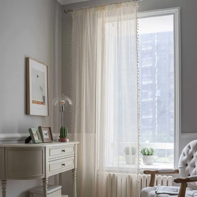 Floraweg Boho-gordijnen voor de woonkamer Kanten gordijnen Stangzak Vintage kwastjes Decoratieve geometrische golven Gestreepte lichtfilterende gehaakte semi-transparante gordijnen voor de slaapkamer, beige,roedezakken,140x270cm