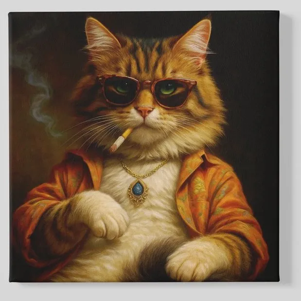 Trendex Global Vierkant Canvas Schilderij Dieren - Vintage kat - 60x60 cm Bruin
