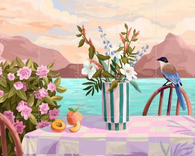 IXXI Peachy evenings, Goed Blauw - 100 x 80 cm - Grote wanddecoratie en posters - Illustraties, Eetkamer, Woonkamer, Keuken, Vogels, Meer Roze / Blauw / Paars