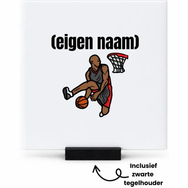 Hacebo basketbal man met eigen naam tegeltje met tegelhouder - Basketbal - iemand die op basketbal zit - tegeltjes met tekst - sport - bal - wedstrijdsport - verjaardag cadeau - kado - spreuktegels - 10.8x10.8 CM Wit