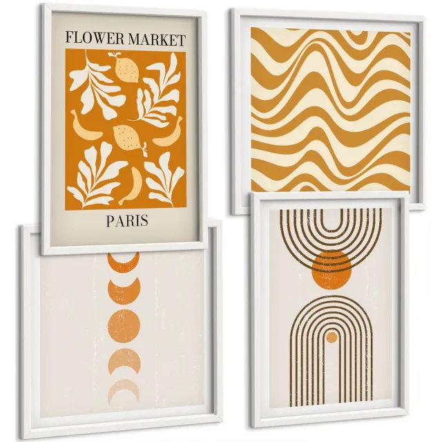 TULUP 4-Delige Schilderij Set - Modeposters met bloemen- en geometrische patronen - 40x40 en 40x60 - Muurdecoratie - Wanddecoratie - Hal Witte lijst