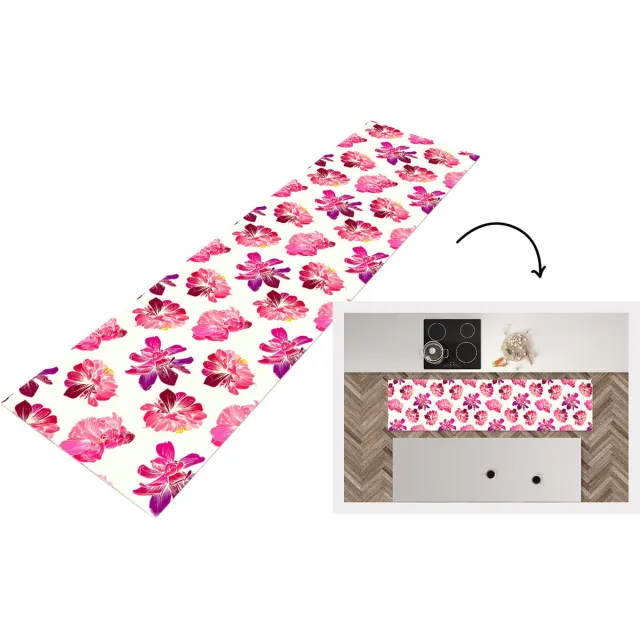 KitchenYeah Keukenloper - Loper keuken - Bloemen - Roze - Patroon - Keukenloper vinyl Multicolor