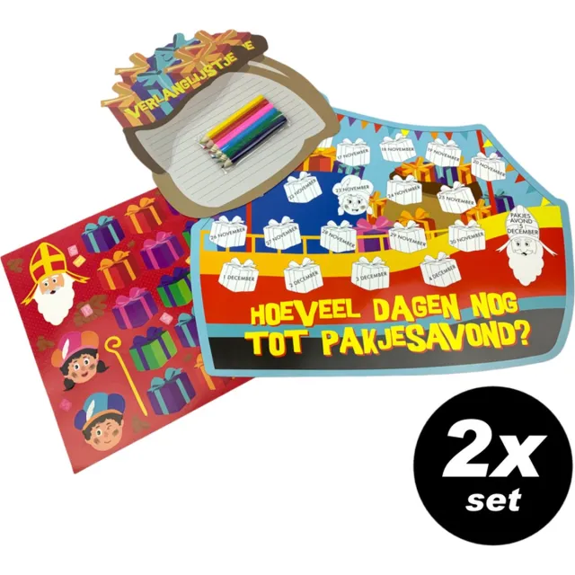 PartyFX 2x Sinterklaas Set met aftelkalender, stickers, kleurplaat, kleurpotloden en verlanglijstjes - schoencadeau Multicolor