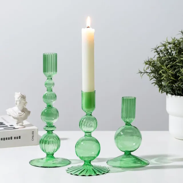 Allecto Plus Set van 3 Groene Glazen Kandelaarhouders voor Home Decor - Gekleurde Kaarshouders - Kerst Tafel Decoraties - Taper Kaarshouder met Bubbel Design Any