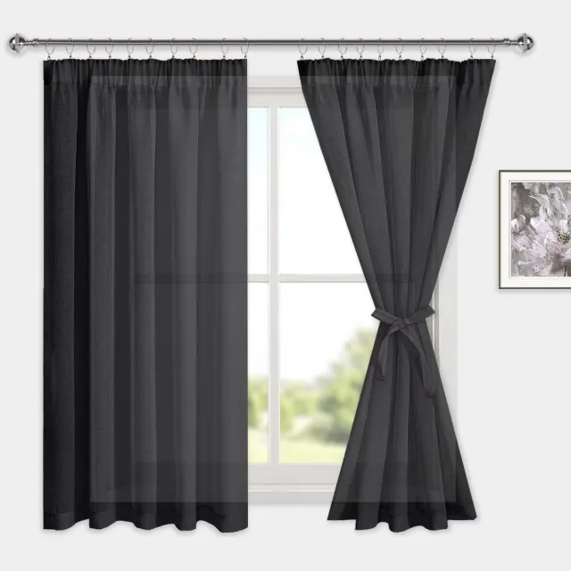 Unyqoos Set van twee half-transparante gordijnen met linnenlook voor woonkamer Zwart