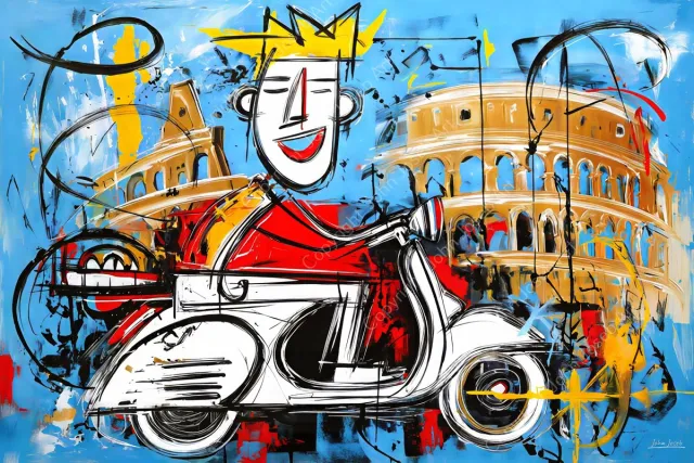 John Joseb Art (Glas) 60x40 | Scooter voor Colosseum in Rome, abstract, Herman Brood stijl, kleurrijk, Italie, kunst, bruin, rood, geel, blauw, modern | Foto-schilderij-glasschilderij-acrylglas-acrylaat-wanddecoratie Acrylglas, dikte 5 mm