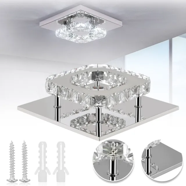 CHOOLY Kristallen LED Plafondlamp 12W - Vierkante Chroom Plafonnière van Roestvrij Staal & Kristal - IP20 - Modern Design voor Binnenruimtes