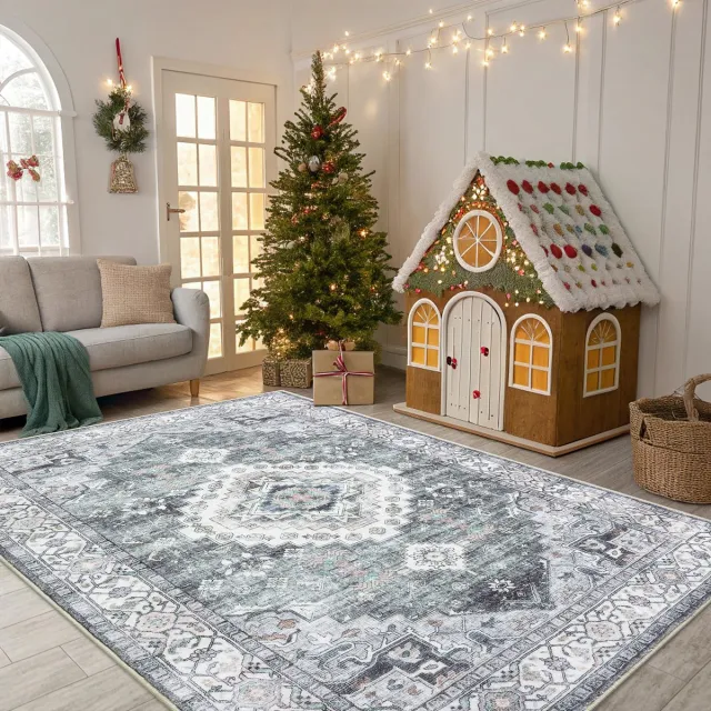OLANLY Vintage Vloerkleed - Grijs - Laagpolig Tapijt Woonkamer - 153x214 cm