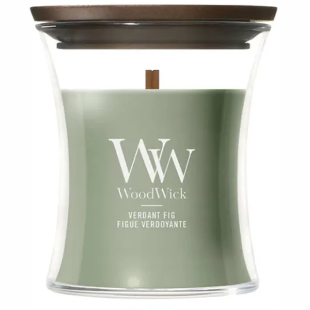 Woodwick Hourglass - Verdant Fig - Mini Geurkaars - Tot 30 branduren Groen