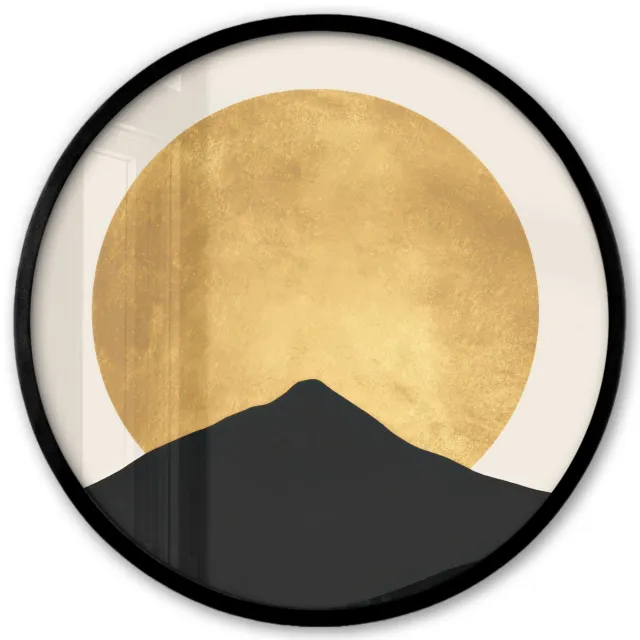 FrameYourWall Poster in lijst Rond - Fotolijst 40x40 cm - Posters - Bergsilhouetten - Gouden cirkel - Beige - Ronde posterlijst zwart - Decoratie - Wanddecoratie woonkamer - Muurdecoratie slaapkamer Bergsilhouetten - Cirkel