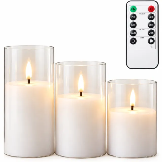 SWGOTA led kaarsen, 3 stuks per doos, transparante cilindervormige behuizing en warm vlamlicht, met afstandsbediening en knoopcel voor de afstandsbediening