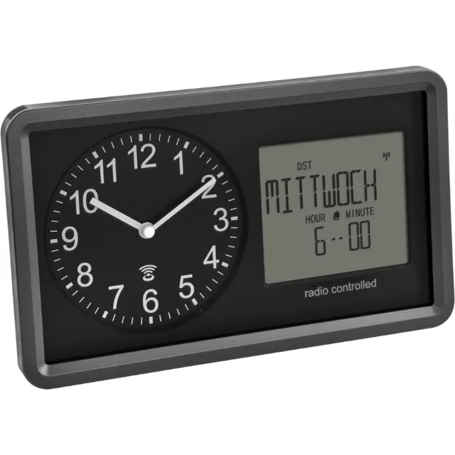 BOG Analoge Radiogestuurde Klok Met Kalender - Senior Klok - Alarm En Snooze Functie - Digitale Weekdag- En Datumweergave - Analoge Tafelklok - Achtergrondverlichting - Zwart