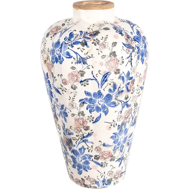 Clayre & Eef Vaas Ø 24x40 cm Beige Blauw Keramiek Bloemen