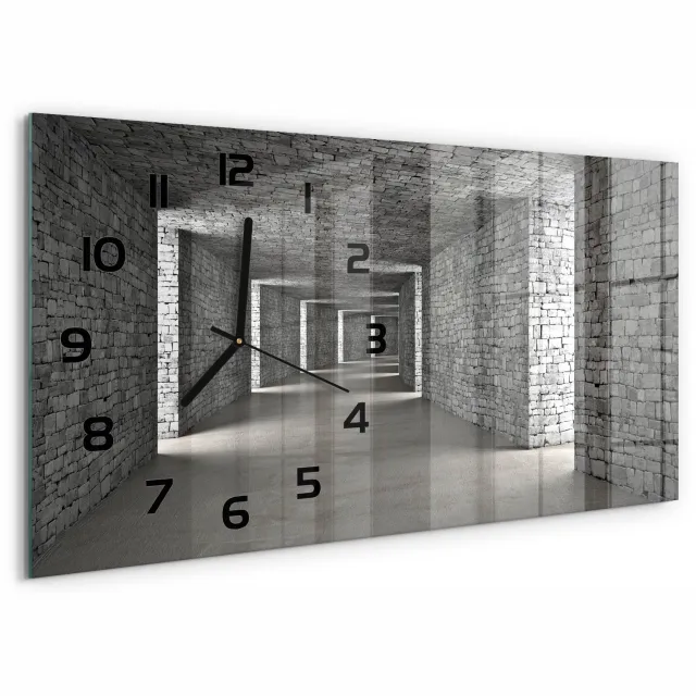 TULUP Wandklok - Bakstenen tunnel Wandklok Glas Met Motief - 60x30 cm - Grijs Decoratieve Glazen Klok - Zwarte handen - Rechthoekige Klok - Gekleurde Glazen Klok - Glazen Klok Met Print