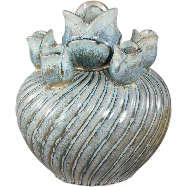 PTMD Mailia Turquoise Ceramic Round Tulip Vase Swirl Blauw