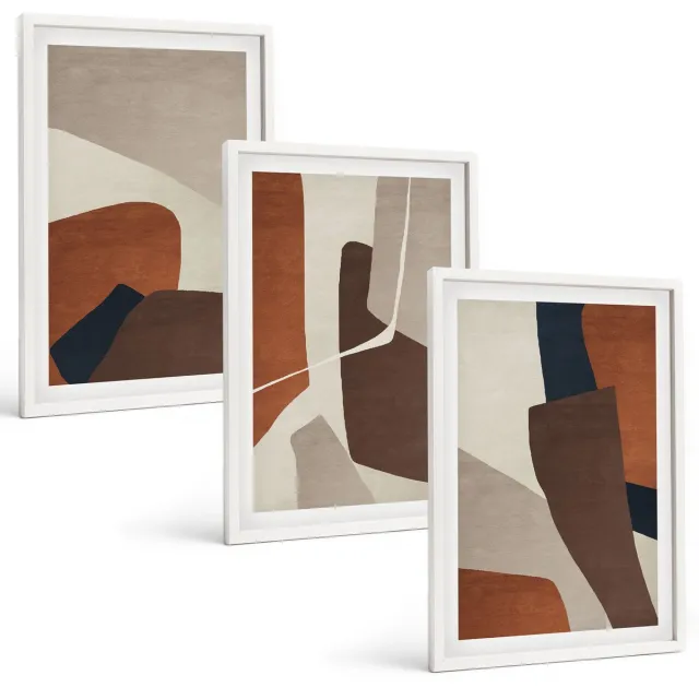 Coloray 3-Delige Schilderij Set - Abstractie Van Vormen En Structuren In Een Moderne Stijl - 40 x 60 - Wanddecoratie - Woonkamer Decoratie - Decoratieve Schilderijen Witte lijst