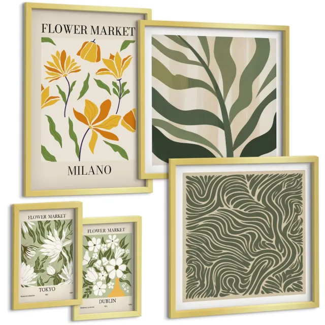 TULUP 5-Delige Schilderij Set - Plantaardige bloemmotieven in een moderne en minimalistische stijl. - 50 x 50 cm, 20 x 30 cm en 40 x 60 cm - Stijlvolle Wanddecoratie - Interieur - Woonkamer Decoratie Gouden lijst