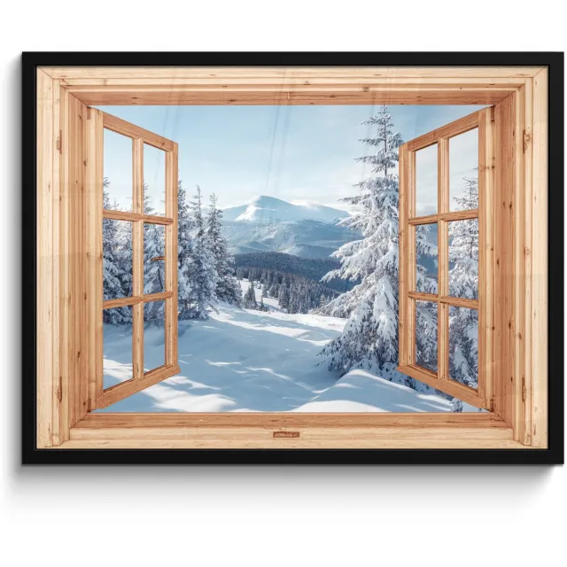 FrameYourWall Poster in lijst - Fotolijst 70x50 cm - Posters - Doorkijk - Winterlandschap - Natuur - Berg - Bomen - Hout - Posterlijst zwart - Decoratie - Wanddecoratie woonkamer - Muurdecoratie slaapkamer