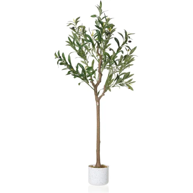 HOERFURIY Kunst‑Olijfboom - 120cm, anti‑UV polyester, gewogen cementpot met 14 olijfvruchten