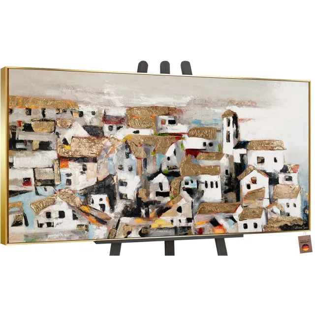 YS Canvas schilderij groot handgeschilderd huisje zonlicht natuur nostalgisch – YS-Art Gallery – Warme wanddecoratie voor woonkamer – Modern schilderij voor slaapkamer en hal Gold