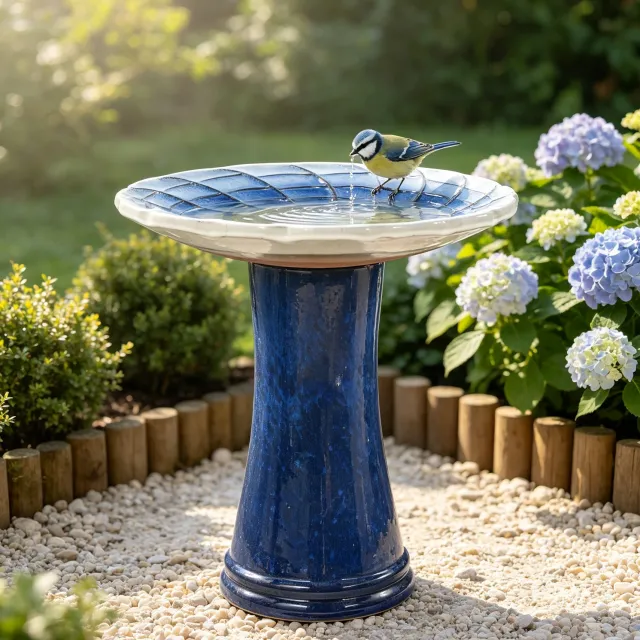 Wishdor Keramieken vogelbad op voet - Brede ondiepe schaal voor tuinvogels - Vorstbestendig en weerbestendig - Radiaal schubreliëf - Tuin terras balkon - Koningsblauw en wit - Ø 43 cm x H 45 cm