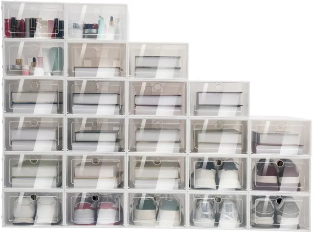 Seth Select Schoenendozen - Set van 24 – Stapelbare Schoenenopbergers - Opvouwbaar - met Klep – 33 x 23 x 14 cm - Transparant