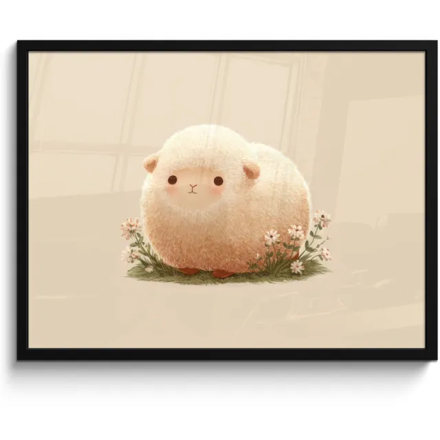 FrameYourWall Poster in lijst - Fotolijst 70x50 cm - Posters - Schaap - Beige - Bloemen - Posterlijst zwart - Decoratie - Wanddecoratie woonkamer - Muurdecoratie slaapkamer Schaap - Bloemen