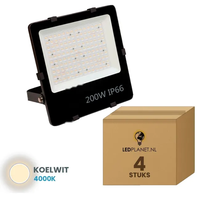 Tsong LED Schijnwerper 200W - 4 stuks - 22.500 lm - Koelwit 4000K - 112 lm/W - 90° - Lifud driver - IP66 - Terrein- & Gevelverlichting - 5 jaar garantie