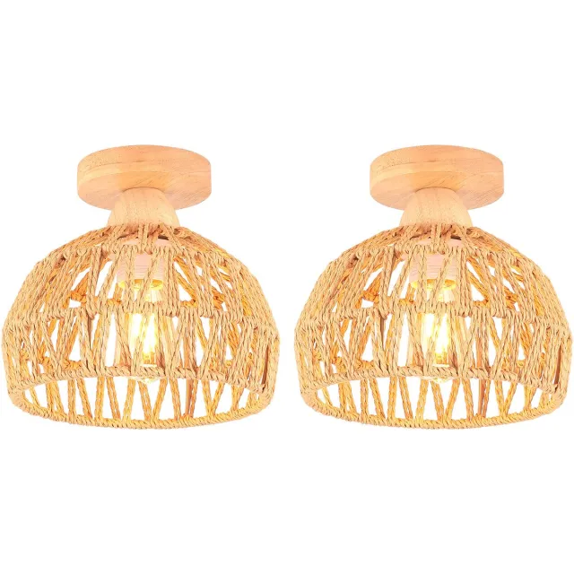 Boho 2 Stuks Plafondlamp Binnen Boho Weven Lampenkap E27 Plafonnière voor Slaapkamer Keuken Woonkamer Beige