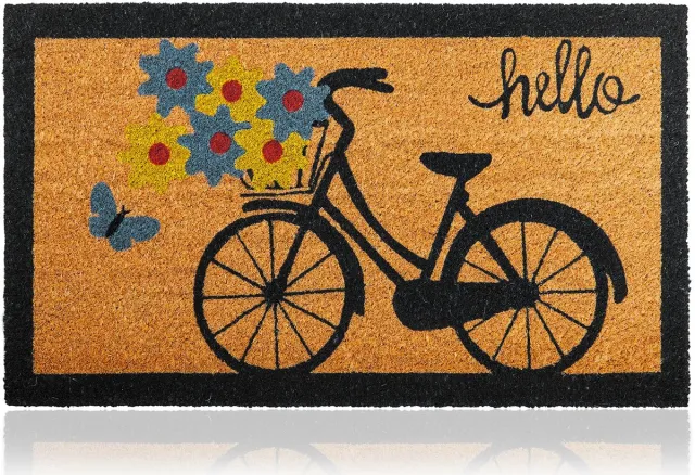 Famanu Kokosvezel deurmat fiets, 70x40 cm, welkomst deurmat met antislip PVC en kokosmat oppervlak, voor huis entree, gangen, buitendeuren, woonaccessoires, minimalistisch ontwerp Wit