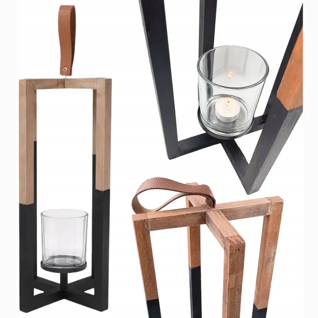 Stijlvol Houten Lantaarn Kaarsenhouder 41cm - Stijlvol Loft & Boho Design zwart