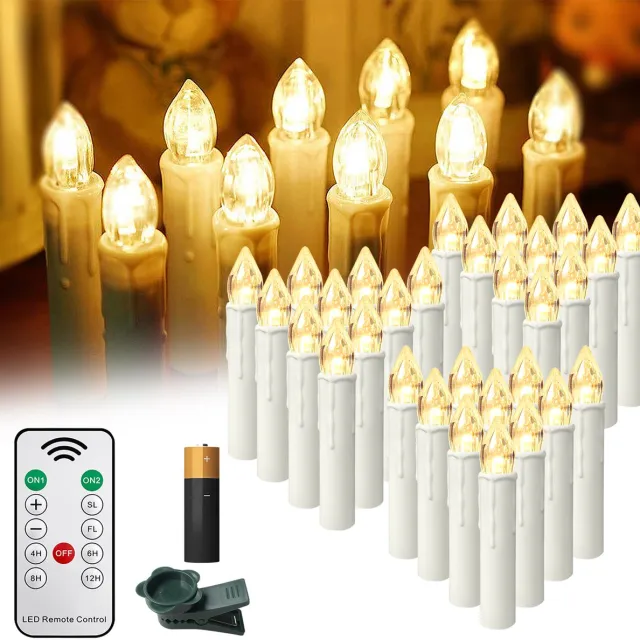Froadp 40er LED Kerstkaarsen Draadloos Warmwit Met Timer Afstandsbediening Vlamloze Kerstboomkaarsen Voor Feestdagen,Parties,Kerstboom,Huwelijk,Huwelijksdecoratie,Geboortedagen (Met Batterij)